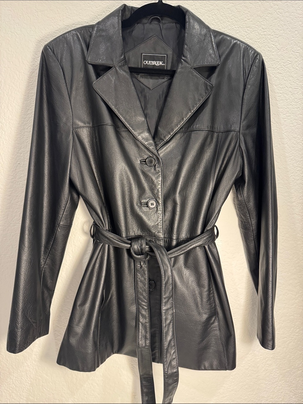Outbrook Black Genuine Leather Belted Trench Jacket Coat Vintage Women's Large